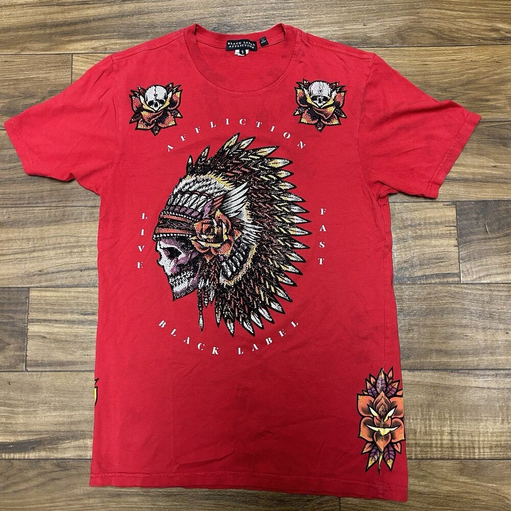Y2K Affliction Black Label Indian Skull Rhinestone T-Shirt Women’s Small Grunge